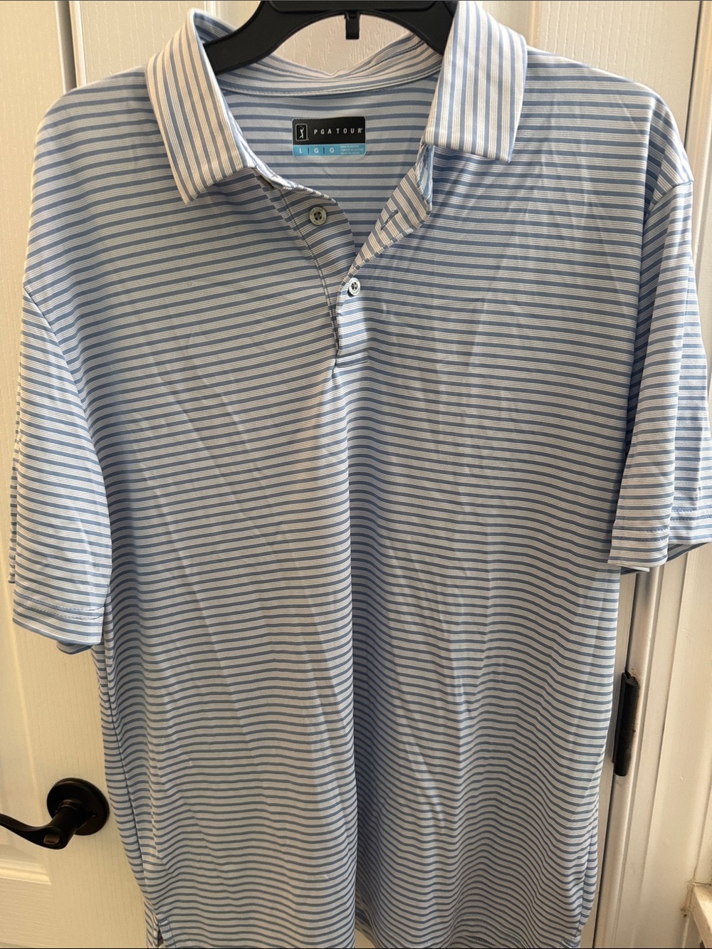 PGA Tour Light Blue and White Striped Polo